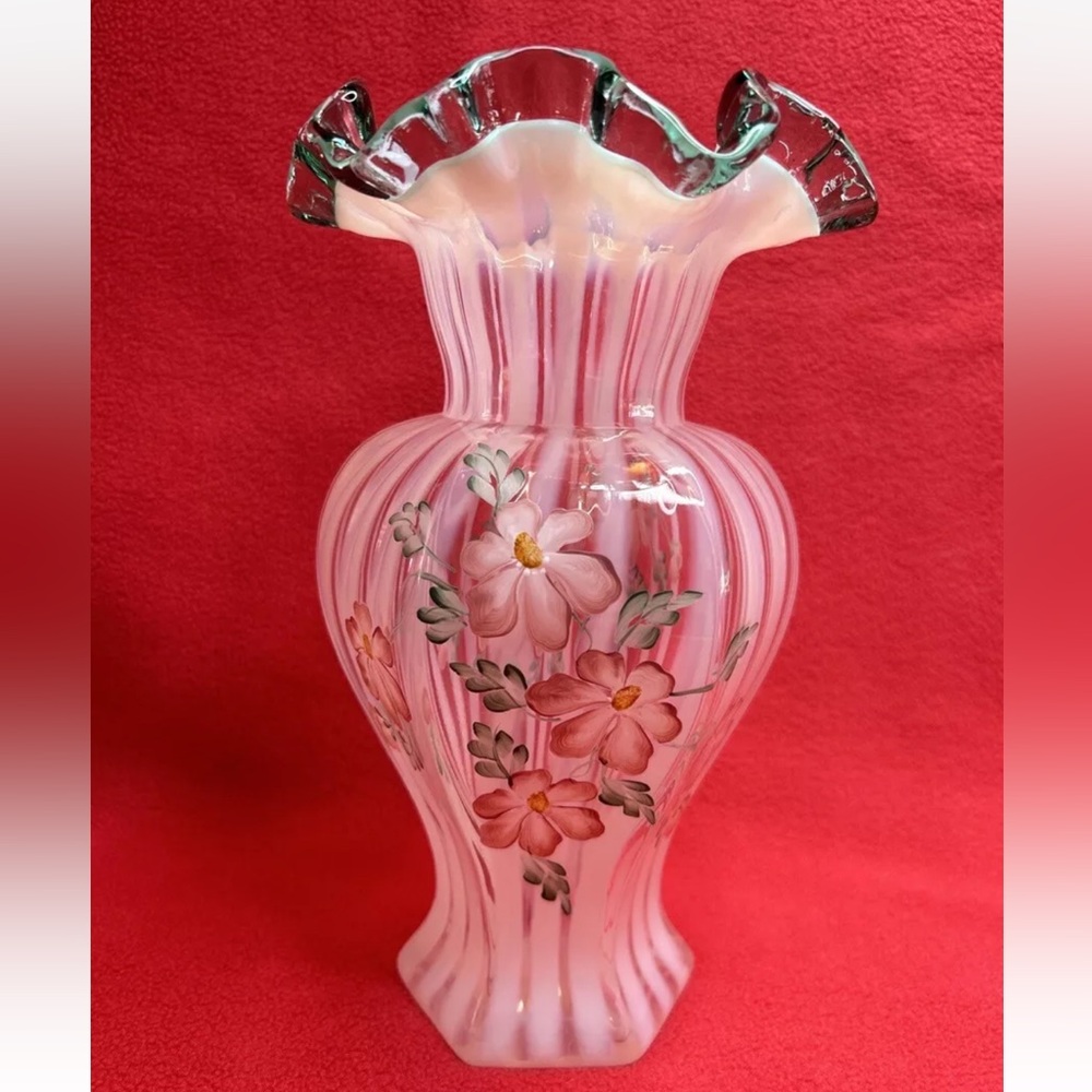 Fenton Art Glass Meadow Beauty Opalescent Rib Optic Hexagonal 9 1/2"  Vase #3059